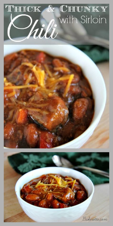 Thick and Chunky Chili with Sirloin on www.cookingwithruthie.com will keep you warm this winter! Chunky Chili Recipe Crockpot, Beef Sirloin Soup Recipes, Sirloin Chili Recipe, Chili Recipes With Beef Stew Meat, Chili With Steak Meat, Beef Chunck Recipes Easy, Chili With Sirloin Steak, Chunk Beef Chili, Sirloin Chili Recipe Crockpot