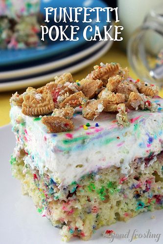 Funfetti Poke Cake - BeyondFrosting Funfetti Poke Cake, Oreo Birthday Cake, Poke Cake Recipes, Poke Cakes, A Piece Of Cake, Poke Cake, Piece Of Cake, Yummy Sweets, Cake Batter