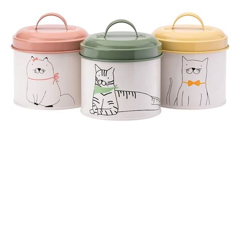 Set of 3 Fun Cats Design Metal Canisters Storage Cat Treats Jars Tins Containers Food Canisters, Metal Canisters, Lap Tray, Christmas Chalkboard, Mug Warmer, Tin Containers, Storage Canisters, Treat Jars, Cat Bowls