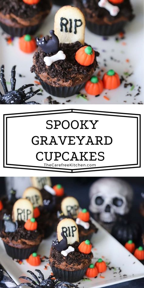 Both kids and adults will love these spooky Graveyard Cupcakes, topped with chocolate buttercream, a cookie gravestone, and Halloween candies. They’re a perfect Halloween party centerpiece that are as delicious as they are adorable. Grave Yard Cupcakes, Grave Yard Brownies, Spooky Halloween Cupcakes Ideas, Gravestone Cookies, Grave Cupcakes, Graveyard Brownies, Graveyard Cupcakes, Spooky Cupcakes, Homemade Cupcake Recipes