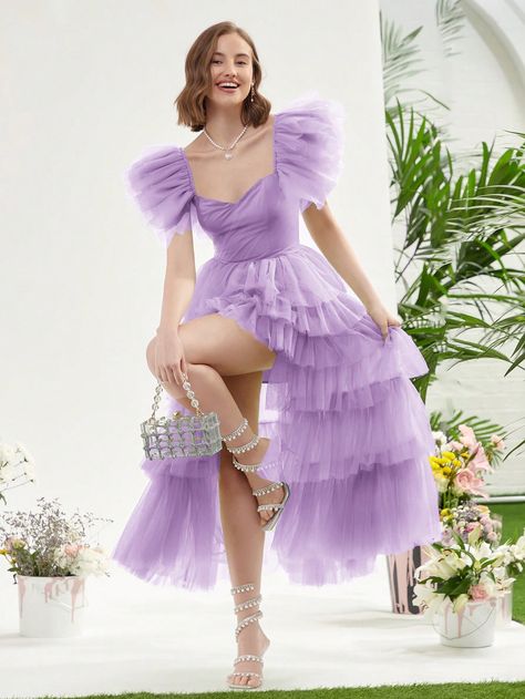 SHEIN ENCHNT Ladies" Multi-Layer Ruffle Hem Mesh Romantic Style DressI discovered amazing products on SHEIN.com, come check them out! Bow Dresses Women, Romantic Style Dress, Bow Dresses, Puffy Sleeve Dress, Dresses Fancy, Purple Party, Mauve Purple, Mauve Dress, Princess Style