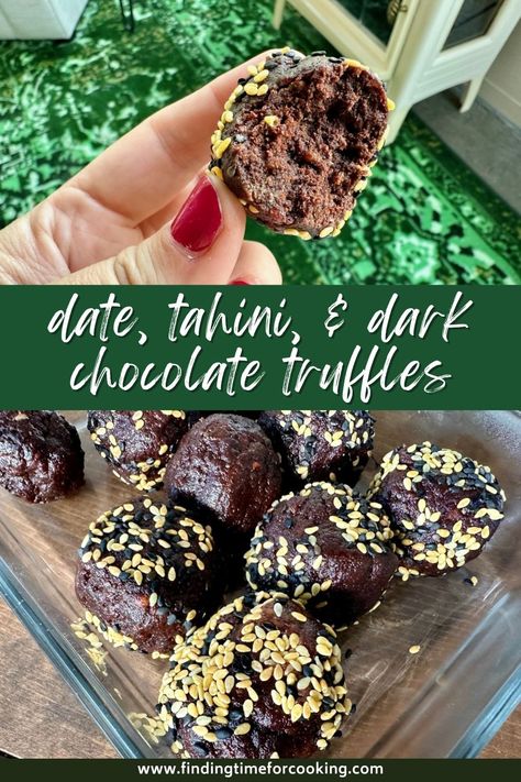 Healthy Dark Chocolate, Date, & Tahini Truffles | These healthy chocolate truffles are made of dates, tahini, & cocoa powder...a sweet treat that's super easy to make, rich, delicious, & no refined sugars! They're healthy, packed with fiber, and a great treat any time of day! Vegan dessert, dessert for dietary restrictions, gluten-free dessert, dairy-free dessert, nut-free, healthy dessert recipe! #healthydessert #gf #vegan #tahini #chocolate Date Tahini, Raw Food Ideas, Tahini Chocolate, Tart Pastry, Grill Dessert, Cocoa Powder Recipes, Healthy Dark Chocolate, Banana Nice Cream, Custard Recipe