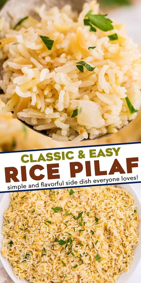 Simple yet full of flavor, this rice pilaf is made with rice and tender orzo pasta. It's an easy side dish that's perfect with just about any main dish, and tastes like a homemade version of Rice-a-Roni! Easy Rice Pilaf, The Chunky Chef, Rice Pilaf Recipe, Rice Side Dish Recipes, Chunky Chef, Pilaf Recipes, Quick Vegan Meals, Rice Side, Rice Side Dishes