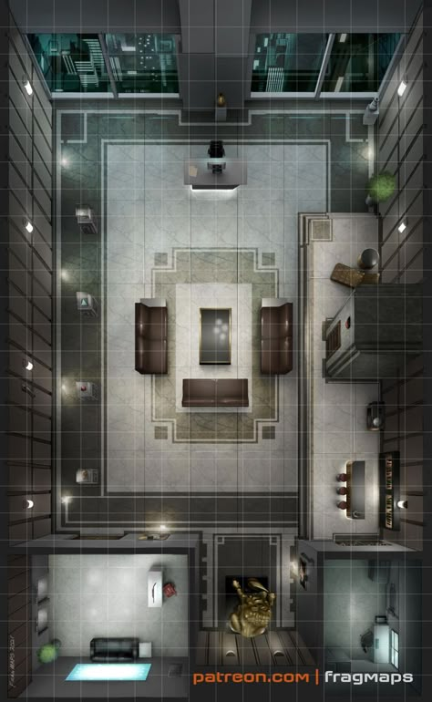 corporate penthouse office TTRPG battle map Cyberpunk Penthouse Map, Dnd Office Map, Office Battlemap, Boss Battle Map, Cyberpunk Corporation, Modern Battle Map, Cyberpunk Corporate, Cyberpunk Map, Cyberpunk Office