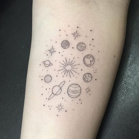 220+ Amazing Galaxy Tattoo Designs with Meanings For Men and Women (2022) - TattoosBoyGirl All The Planets Tattoo, Galaxy Planets Tattoo, Planet Her Tattoo, Space Tattoo Aesthetic, Hand Holding Planets Tattoo, Planets Tattoo Solar System, Space Planets Tattoo, Cute Solar System Drawing, Dainty Planet Tattoo