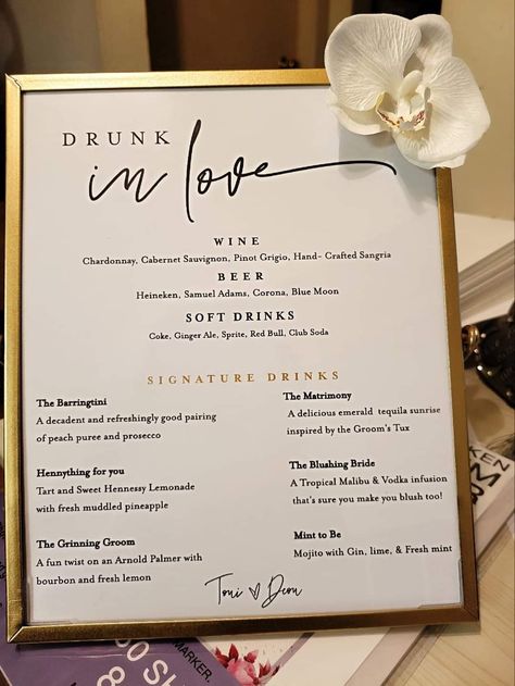 Engagement Bar Ideas, Wedding Cocktail Names Ideas, Alcohol List For Wedding, Wedding Bar Ideas Diy, Wedding Cocktail Names, Wedding Drink Names, Drink Name Ideas, Engagement Party Cocktails, Signature Drink Names