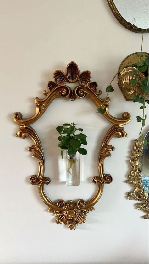 Gold Frame Wall Mirror, Gold Frame Gallery Wall Bathroom, Gold Frame Diy Ideas, Picture Frame With Plants, How To Style A Wall Shelf, Gold Frames On Green Wall, Thrifty Wall Decor, Diy Wall Storage Ideas Bedrooms, Plant And Mirror Wall