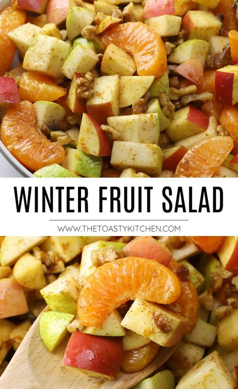 Winter fruit salad recipe by The Toasty Kitchen. Winter fruit salad is filled with fresh apples, pears, mandarin orange slices, and chopped walnuts. Drizzled with a spiced maple orange dressing, the perfect flavors for the holidays. #winterfruitsalad #fruitsalad #christmas #cinnamon #apples #pears #orange #recipe Winter Fruit Salad Recipe, Fall Fruit Salad, Orange Fruit Salad, Christmas Fruit Salad, Orange Recipe, Orange Dressing, Winter Fruit Salad, Fall Fruit, Fruit Salad Recipe