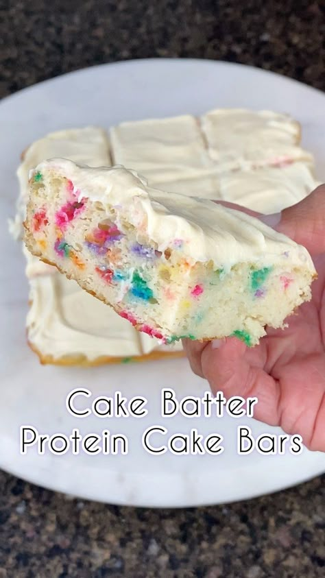 Alica | Cake Batter Protein Cake Bars🍰 @sweetandspicymacros Ingredients for bars 62g @pescience Cake Pop protein powder SWEETANDSPICY saves… | Instagram Cake Pop Protein Powder Recipes, Cake Batter Premier Protein Recipes, Premier Protein Cake Batter Recipes, Cake Batter Protein Shake, Rainbow Sprinkles Cake, Protein Cake Pops, Protein Frosting, Cake Batter Protein, Cake Batter Recipes