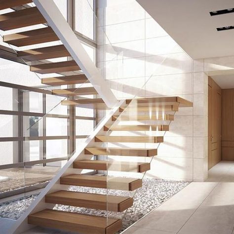 Floating Glass Staircase, Staircase With Glass Wall, Floating Stairs Glass Railing, Free Floating Stairs, Glass Wall Stairs, Staircases Ideas Modern, Floating Staircase Modern, U Shape Staircase Design, U Shape Stairs