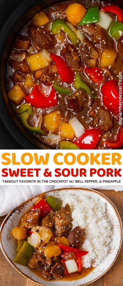 Slow Cooker Sweet and Sour Pork is a delicious Asian weeknight dinner made with pork, bell peppers, and pineapple chunks. So easy you'll skip the takeout! #dinner #slowcooker #crockpot #pork #sweetandsour #coptcatrecipes #chinesefood #dinnerthendessert Pork And Pineapple Recipes Slow Cooker, Pineapple Pork Freezer Meal, Pork And Bell Pepper Recipe, Crock Pot Pork Chunks, Pineapple Pork Crockpot, Brazilian Crockpot Recipes, Slow Cooker Pineapple Pork Chops, Slow Cooker Pork Recipes Crock Pot, Asian Pork Crockpot