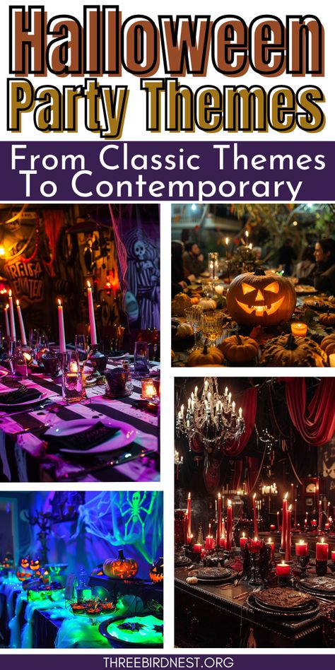 Ultimate Guide to Halloween Party Themes: From Classic to Contemporary - This Little Nest Halloween party themes that are seriously cool. Throw the best Halloween party ever this year with these modern and interesting Halloween themes.  Halloween party themes, Halloween party ideas, Halloween gathering themes, Witch Halloween party, Beetlejuice Halloween party, The nightmare before Christmas Halloween Party. Halloween Spooky Party Ideas, Ultimate Halloween Party, Pumpkin Theme Halloween Party, Spooky Backyard Halloween Party, Magic Halloween Party, Formal Halloween Party, Best Costume Party Themes, Best Halloween Party Themes, Spookeasy Halloween Party