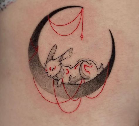 Cute Bunny Tattoo Ideas, Japanese Bunny Tattoo, Moon Bunny Tattoo, Chinese Rabbit Tattoo, Unquie Tattoo Ideas, Moon Rabbit Tattoo, Bunny Tattoo Cute, 9 Tailed Fox Tattoo, Okami Tattoo