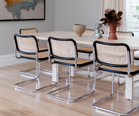 Cesca Chair Dining Room, White Dinning Chairs, Mixed Dining Chairs, Breuer Cesca Chair, Cesca Chair, Cane Furniture, Cane Dining Chair, Vintage Dining Room, Marcel Breuer