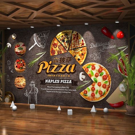 Pizza Mural, Wallpaper Cafe, Cartoon Pizza, Pizza Wallpaper, Pizza Store, Pizzeria Design, Restaurant Background, Pizza House, 3d Wallpaper Mural