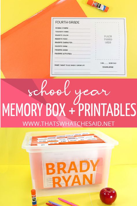 Organize your child's school paper life with this awesome School Year Memory Box!  Print off the keepsake printables and tabs and have the perfect place to keep and organize those special papers and projects you want to keep! #schooldays #organization School Memory Binder, Kids School Organization, Special Drawings, School Year Memories, School Keepsake, Kids Milestones, Preschool Names, Kids Organization, School Boxes