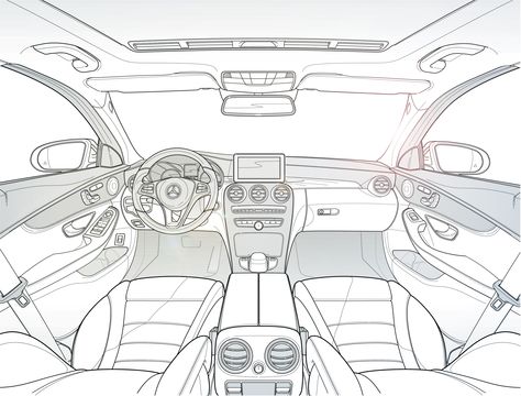 Mercedes Test Illustration Car Design Interior, Car Interior Drawing Reference, Inside Car Drawing, Inside Car Perspective Drawing, Inside Car View Drawing, Inside Of Car, Car Interior Drawing, Test Illustration, Mercedes Benz Sketch