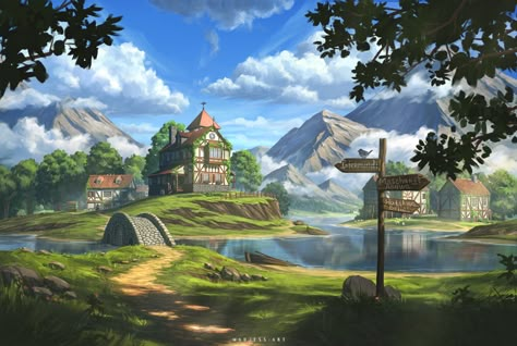 ArtStation - Village, Elena Ivashchenko Fantasy Plains Village, Fantasy World Village, Fantasy Kingdom Village, Fantasy Farmland Landscape, Fantasy Village Drawing, Anime Village Scenery, Medieval Village Concept Art, Anime Village Background, Fantasy Farmland