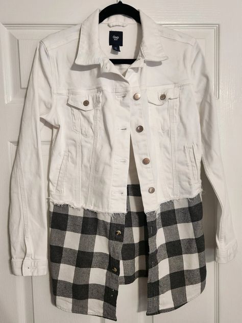 Flannel Rework White Denim and Flannel Jacket, Vintage, Upcycled, One of a Kind, Reworked Flannel, Women's Small - Etsy Old Hoodie Upcycle, Revamped Clothes, Upcycled Flannel Shirts, Thrift Upcycle Clothes, Denim 2024, Rework Clothes, Reworked Denim Jacket, Flannel Shirt Refashion, Reworked Flannel