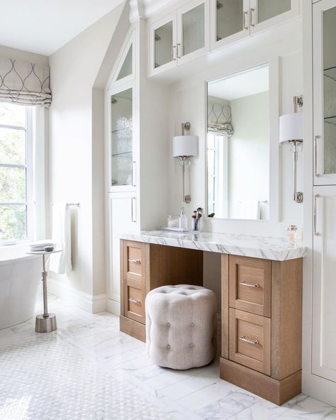 Built In Vanity In Bathroom, Closet Bathroom Combo, Closet And Bathroom Combo, Closet With Vanity, Vanity In Bedroom, Vanity In Bathroom, Glamorous Bathroom Decor, Built In Vanity, Luxury Vanity