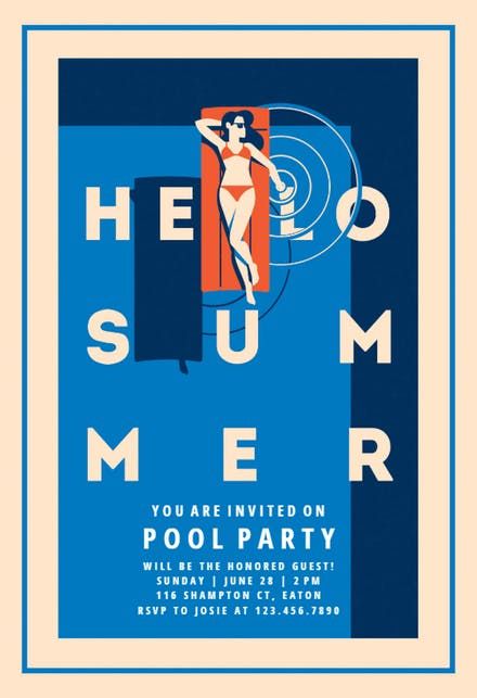 Summer Party Invitations Template, Pool Party Poster, Summer Party Inspiration, Pool Parties Flyer, Pool Party Adults, Pool Party Invitation Template, Night Pool Party, Party Invitation Design, Summer Invitation