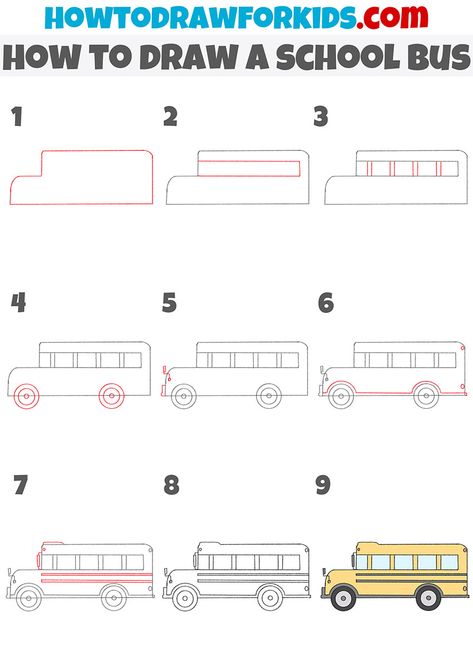 how to draw a school bus step by step How To Draw A School Bus, School Bus Doodle, Spiritual Crafts, School Bus Drawing, 2023 Bujo, Simple House Drawing, Bus Drawing, Kid Drawing, Easy Draw