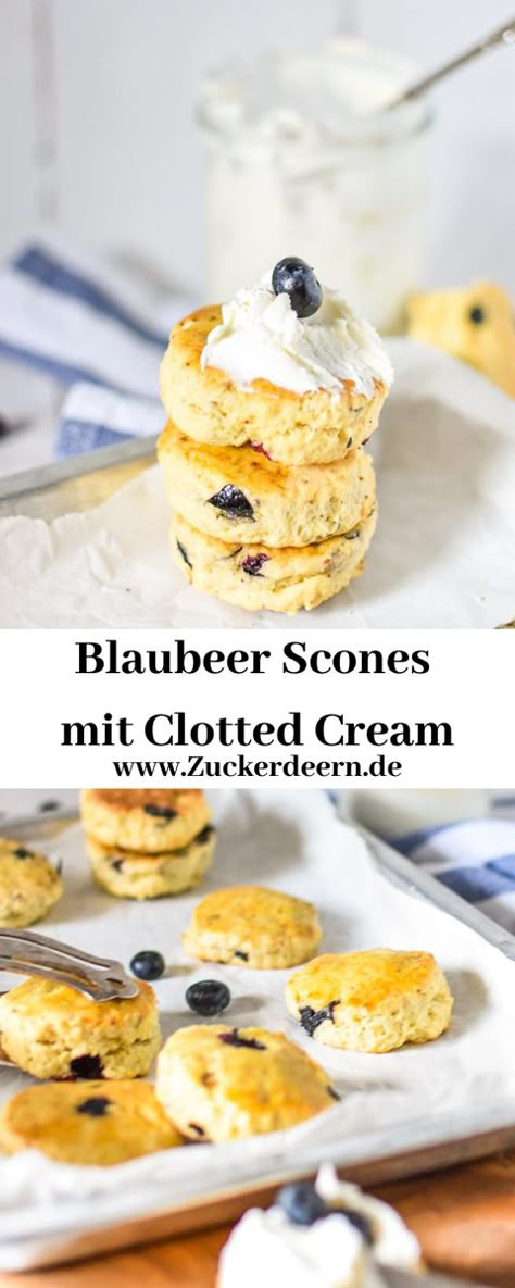 Rezept für Blaubeer Scones mit einer selbstgemachten Clotted Cream #backen #scones Yorkshire Pudding, Sweet Bakery, Clotted Cream, Sweet And Salty, Scones, Finger Foods, Afternoon Tea, Tea Time, Muffins