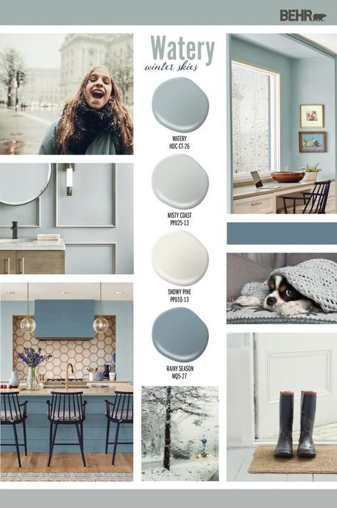 This Watery Winter Skies color palette is surprisingly warming. These colors remind us of the first touch of winter when tiny ice-crystals fall from the sky. The air is cold and crisp, and the fallen snow is just wet enough for making the perfect snowman.   These cool winter colors look beautiful in any room, … Quiet Time Behr Paint, Behr Snow Day, Shades Of Blue Accent Wall, Painted Chimney Interior, Behr Coastal Paint Colors Living Room, Light Drizzle Behr Paint, Behr Light Drizzle, Behr Quiet Time, Warm Light Blue Paint Colors