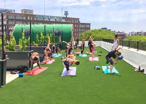 Rooftop Gym, Outdoor Home Gym, Rooftop Yoga, Yoga Area, Open Terrace, Patio Installation, Brooklyn Navy Yard, Artificial Grass Installation, Outdoor Fitness Equipment