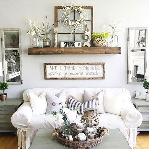 Creates a mantel of sorts, for those of us that don't have a fireplace. Creative Ways to Decorate Above Sofa Farmhouse Style Living Room, Above Couch, Decor Ikea, Farmhouse Decor Living Room, Rustic Living, Diy Farmhouse, Cool Ideas, Farmhouse Wall Decor, Room Decorations