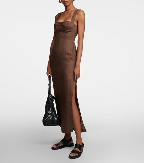 Bettina linen midi dress in brown - SIR | Mytheresa Alexander Mcqueen Clothing, Sir The Label, Linen Midi Dress, Europe Fashion, Linen Maxi Dress, Store Interior, Blue Midi Dress, Retail Store, Linen Dress