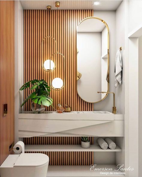 Wc Interior Design, Natural Wood Vanity, Bathroom Decor Wood, Rustic Bathroom Design, Modern Powder Rooms, Wood Wall Bathroom, Wooden Panelling, Japandi Interiors, Bamboo Bathroom