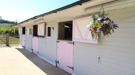 painted my stables pink grey and white 🤩 Stable Designs Layout, Cute Horse Stables, Tack Room Layout, Small Horse Stable, Stables Conversion, Tack Shed Ideas, Mini Horse Barn, Simple Horse Barns, Horses Stables