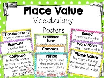 Need a visual of the vocabulary that appears when you are teaching place value and base ten? This is a simple but colorful freebie created so students can refer to the chapter vocabulary all year or just during the unit on place value concepts.   There are 9 mini posters to display! Teaching Place Value, Teaching Place Values, Daily 5 Math, Mini Posters, Math Place Value, Go Math, Math Anchor Charts, Math Number Sense, Math Vocabulary