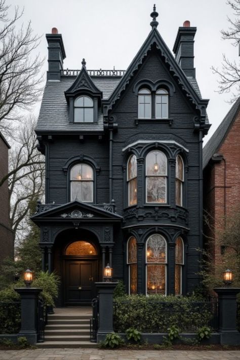 15 Black House Exterior Ideas That Redefine Modern Elegance Eclectic Exterior House, Dark Gothic House, Modern Gothic House Interior, Goth House Exterior, Moody House Exterior, Black Houses Exterior, Gothic Home Exterior, Victorian Gothic House Exterior, All Black Houses