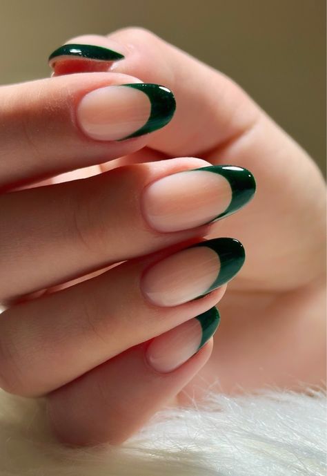 #nails Emerald Green French Tip Nails Oval, Almond Shape Green French Tip, Basic St Patricks Day Nails, Emerald Green Accent Nails, Green Football Nails, French Tip Nails Dark Green, French Tips Round Nails, Green French Tip With Chrome, Nail Designs Green And Black