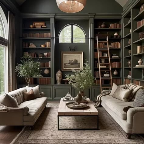 Library Office Paint Colors, Green Room Library, Green Library Shelves, Olive Green Bookcase, Olive Green Study Room, Olive Green Built In Bookshelves, Moody Green Study, Earth Tone Library, Library Whiskey Room