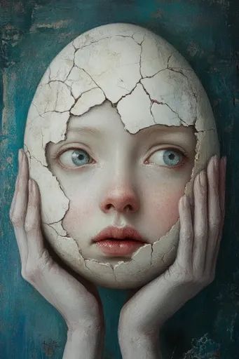 ↑↑↑ Larger size on website 🔸 The image depicts a young woman with a cracked egg-like face, suggesting fragility and vulnerability Surrealism Photography Portraits, Juxtaposition Art, Vulnerability Art, Absurdist Art, Cracked Face, Artistic Portrait Photography, Ethereal Nature, Artistic Portrait, Galleria D'arte