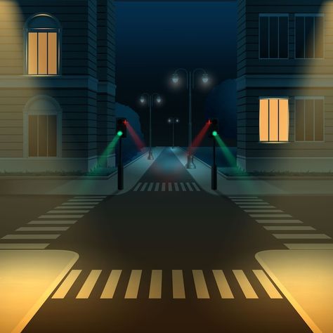 Night Street Illustration, Street Light Art, Road Intersection, Road Drawing, Street Illustration, School Works, Road Vector, Night Road, Perjalanan Kota