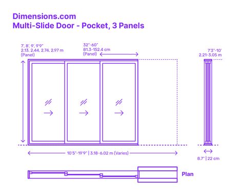 A multi-slide pocket door with 3 panels is a type of sliding door that includes three individual panels that slide horizontally along a track system and disappear into a pocket within the wall. When fully opened, the panels completely disappear into the wall, creating a wide opening that allows for a seamless transition between indoor and outdoor spaces. Downloads online #doors #slidingdoor #patio #construction #buildings 3 Track Sliding Doors, 3 Panel Sliding Door, Sliding Door Dimension, Track Doors Sliding, 3 Panel Sliding Glass Door, Types Of Sliding Doors, Conceptual Model Architecture, Stacking Doors, Folding Glass Doors