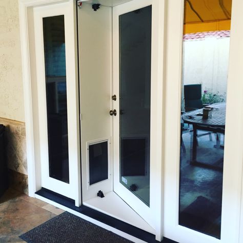 Renter Friendly Pet Door, Dog Door In French Door, Dog Door Glass Door, Doggie Door Ideas Diy French Doors, Renter Friendly Cat Door, Dog Door For French Door, French Door With Dog Door, French Door Doggie Door, Dog Door In Glass Door