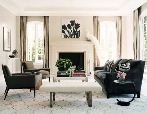 / Fireplace Between Windows, Grey Sofa Design, Tufted Chairs, Living Room Black, Contemporary Fireplace, Room Black, Monique Lhuillier, A Living Room, Elle Decor