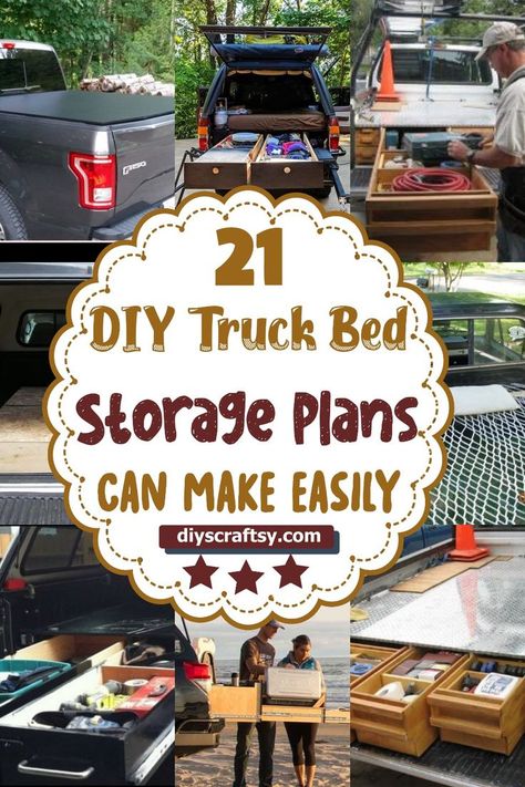 DIY Truck Bed Storage Plans Truck Bed Trailer Camper, Diy Truck Bed Organizer, Truck Bed Camping Setup, Decked Truck Bed Storage Ideas, Pickup Bed Storage Ideas, Truck Bed Tool Organization, Truck Bed Organization Diy, Truck Bed Storage Diy, Pickup Truck Bed Ideas