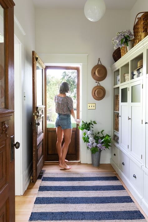 Neutral Cabinets, The Grit And Polish, Grit And Polish, Farmhouse Mudroom, Laundry Room Flooring, Ikea Curtains, Farmhouse Laundry Room, Pinch Pleat Curtains, Starter Home