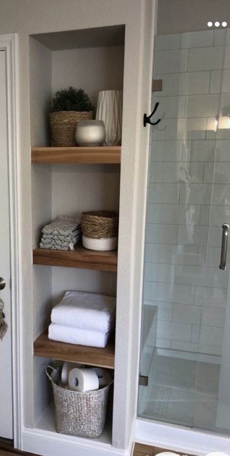 Small Guest Bathroom With Shower Ideas, Small Bathroom With Linen Closet, Floor To Ceiling Bathroom Shelves, Bathroom Shelf Built In, Bathroom Towel Closet, Bathroom With Closet, Linen Closet Organization Hallway, Small Linen Closets, Shelf Makeover