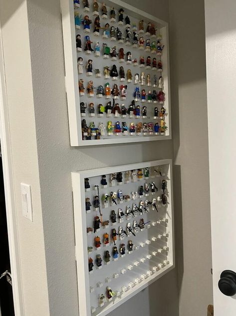 For Parents With Lots Of LEGO Mini Figures: Sannahed Frame Used (Took The Front Cover Off- Used Velcro Command Strips To Hang Them) Command Shelves, Mini Figure Display, Ikea Picture Frame, Lego Minifigure Display, Ikea Pictures, Best Hacks, Ikea Pax Wardrobe, Shower Rods, Ikea Shelves