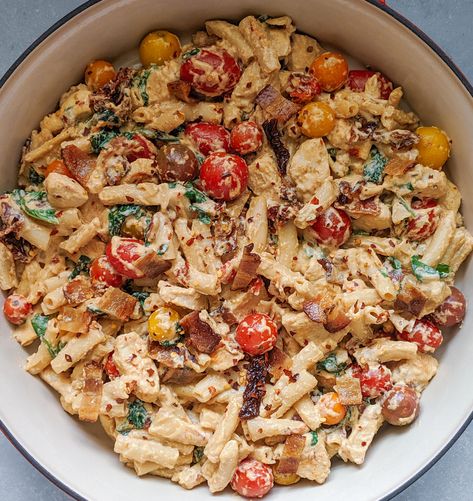 Sundried Tomato and Bacon Cheesy Chicken Pasta - Courtney Made Cherry Tomatoes And Chicken, Bacon Chicken Pasta, Tomatoes And Chicken, Pasta Bacon, Cheesy Chicken Pasta, Chicken Bacon Pasta, Sundried Tomato Pasta, Bacon Chicken, French Recipes