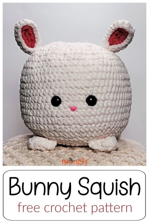 The Bunny Squish is a cute, cuddly, very squishy, and quick crochet pattern in Bernat Blanket - perfect for Easter or any bunny lover! Free pattern on Moogly! #freecrochetpattern #yarnspirations #mooglyblog #eastercrochet #bunnies #stuffedanimals #squish #amigurumi Bernat Blanket Amigurumi Patterns, Crochet Squash Mellow, Bernat Blanket Amigurumi, Squishies Crochet, Crochet Squishy Pattern Free, Squish Crochet Pattern, Crochet Squishies, Squish Crochet, Crochet Squish