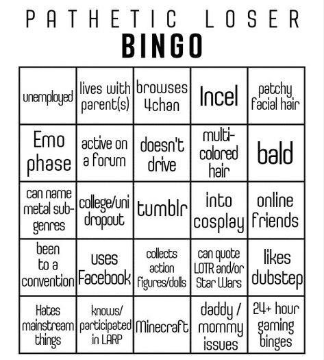 Made my own fun version of this bingo, (tho doing it a bit more ironically than the other ones available). Bottom Bingo Template, Weird Kid Bingo, My Type Bingo, Loser Bingo, Bottom Bingo, Childhood Bingo, Personality Bingo, 2023 Bingo, Character Bingo