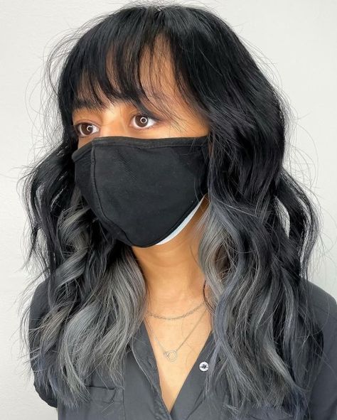 Black Hair With Grey Peekaboo, Silver Underlights, Ombre On Black Hair, Black Hair With Silver, Ash Ombre Hair, Different Hair Lengths, Silver Ombre Hair, Ash Blonde Ombre, Ombre Hairstyles